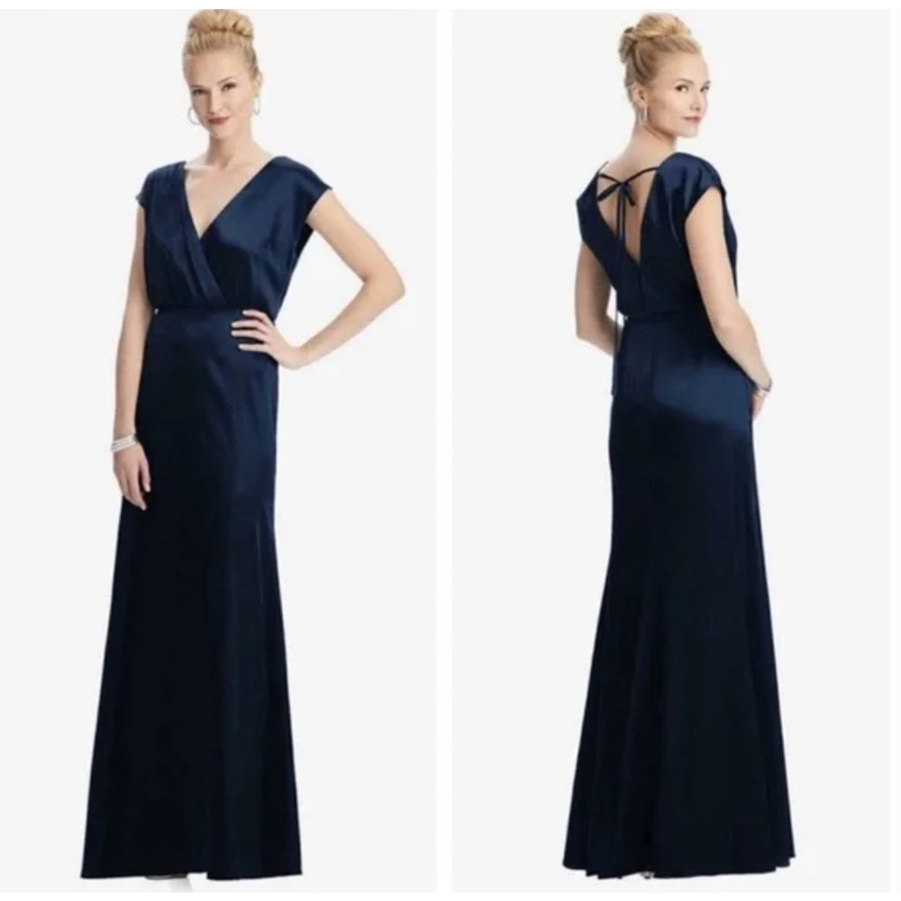 NWT Dessy Collection Charmeuse Cap Sleeve Gown Dress in Midnight Blue